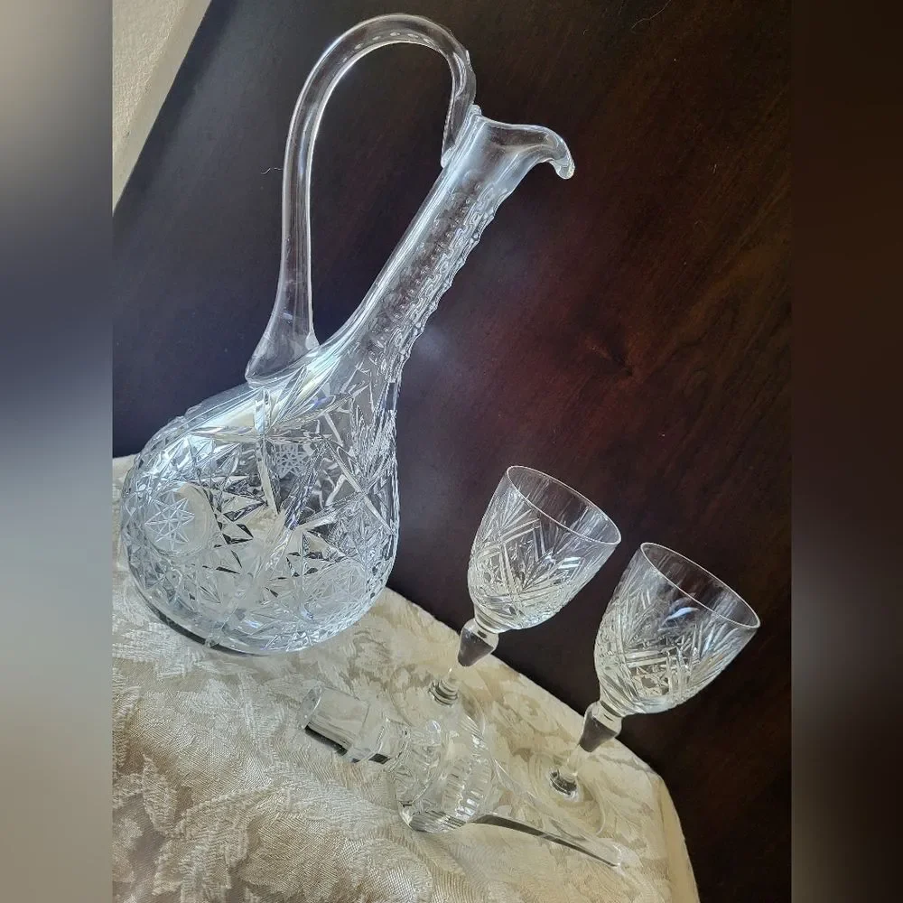 Vintage Cut Crystal Decanter with Stopper & Webb England Crystal Cordial Glasses
